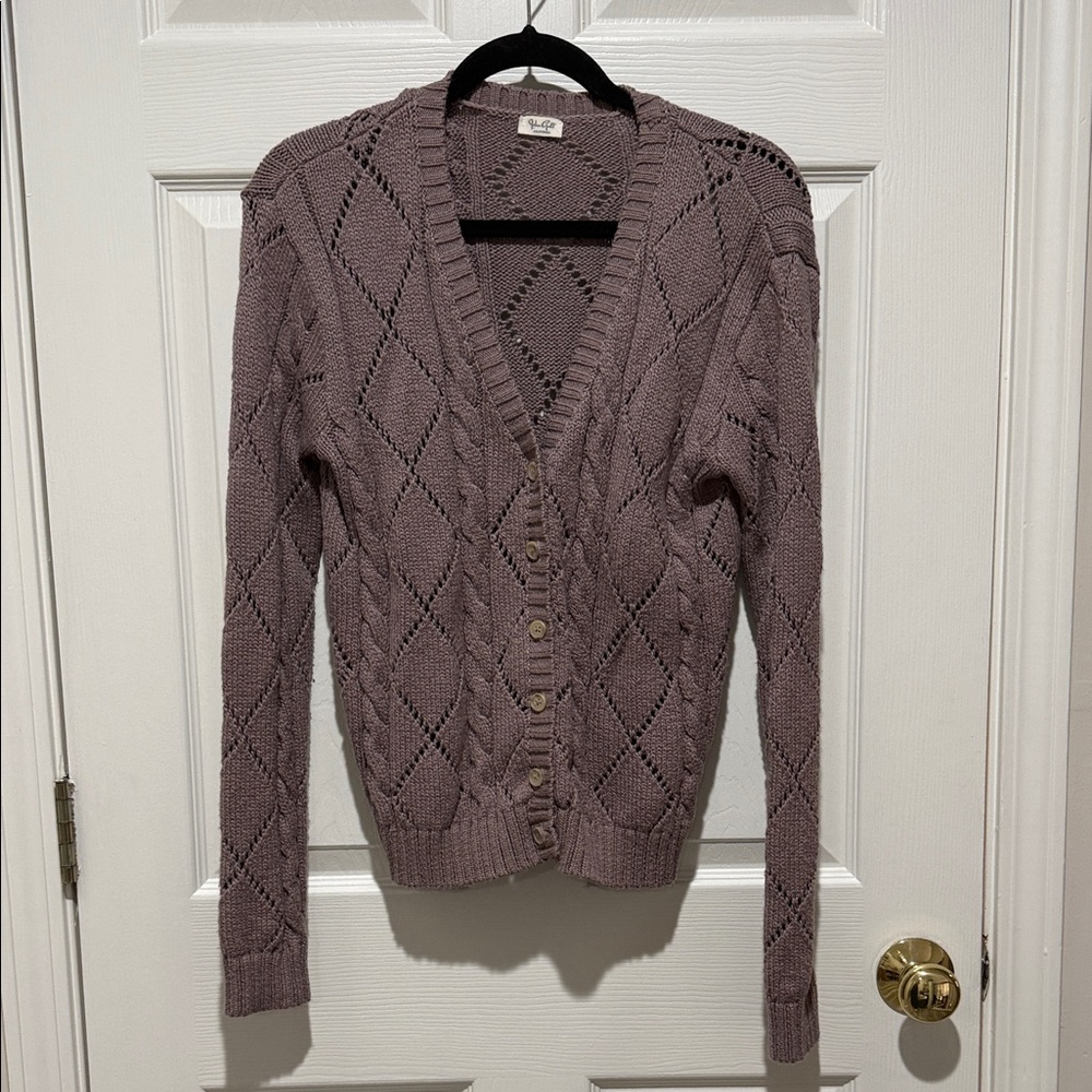 Brandy Melville/John Gault  Dusty Mauve Open-Knit V-Neck Button Cardigan